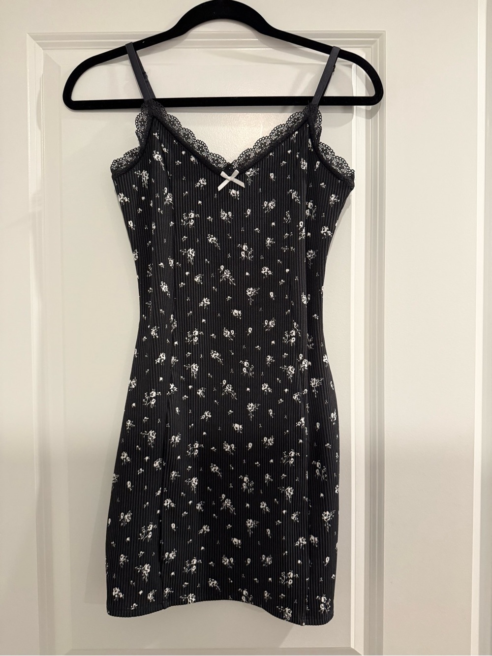 Divided Black Mini Slip Dress with White Floral Print